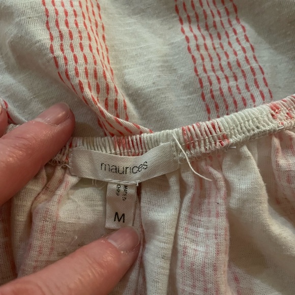 Maurices floral lace linen blouse cream pink size medium striped cutouts tassels - Picture 12 of 15